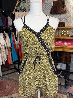 Xhilaration Yellow Multi-Print Sleeveless Romper with Black Floral Trim